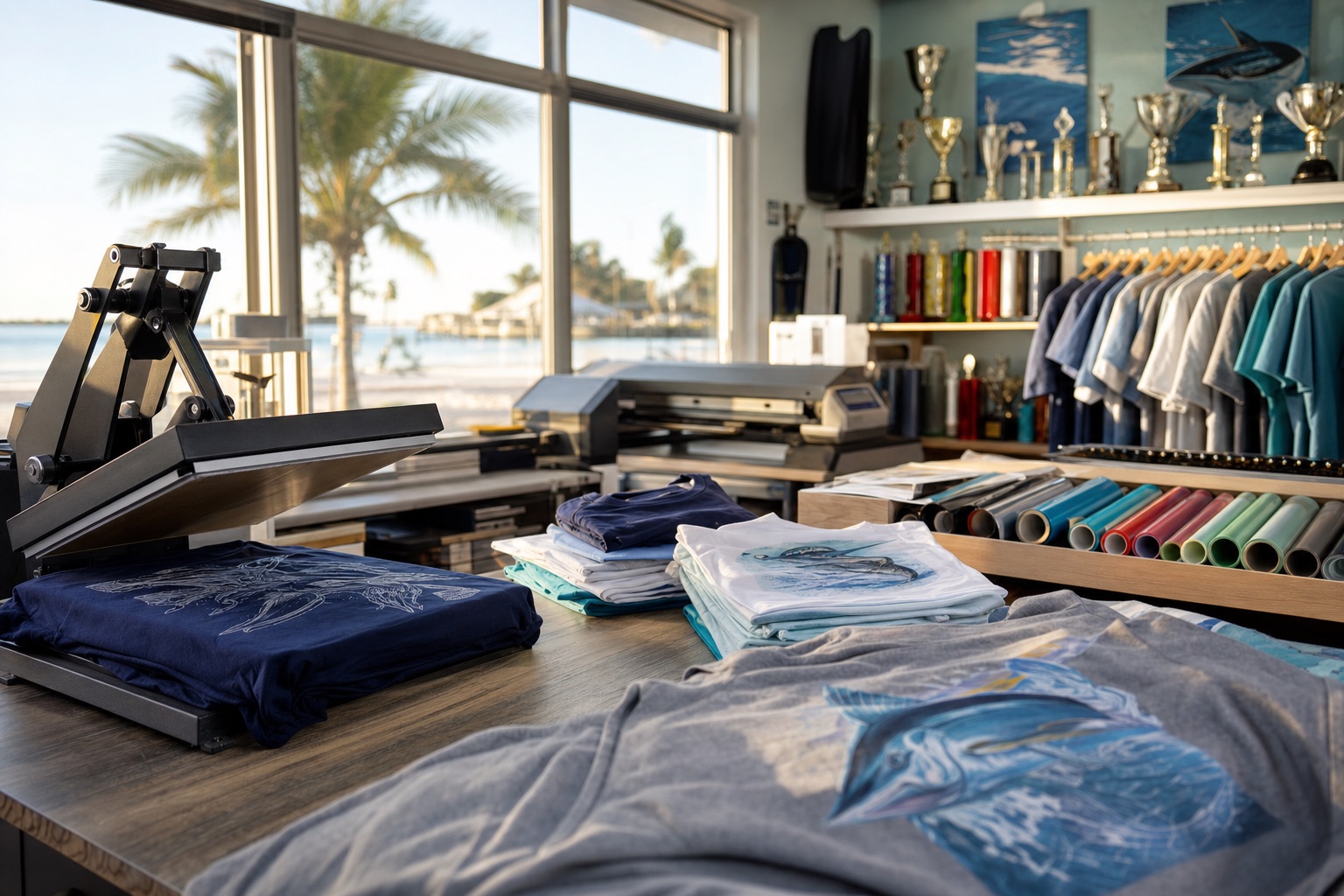 Custom apparel, trophies, and print equipment in a bright Fort Pierce print shop