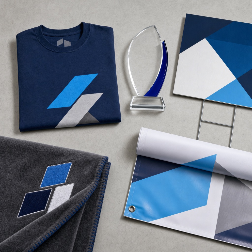 Custom printed t-shirt, trophy, signage, blanket, and banner samples