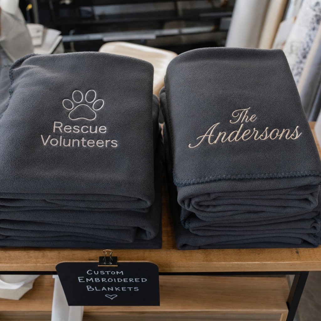 Custom embroidered fleece blankets for a rescue nonprofit