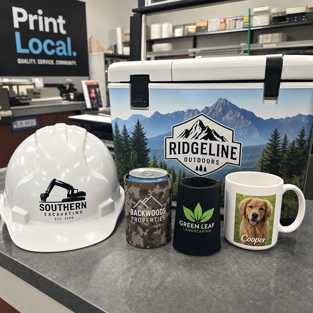 Custom printed koozies, hard hat decals, cooler wrap, and mug samples