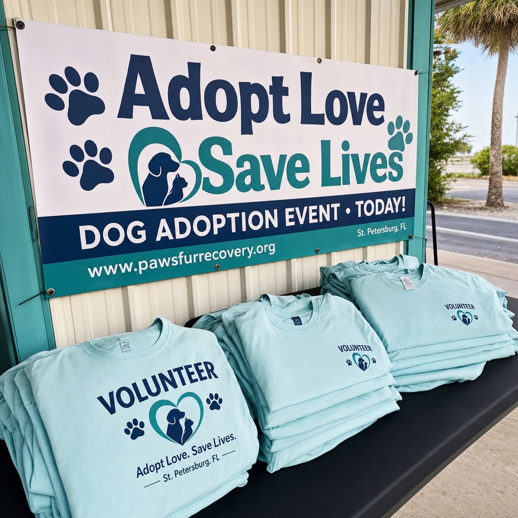 Dog adoption event banner and volunteer shirts printed for a local nonprofit