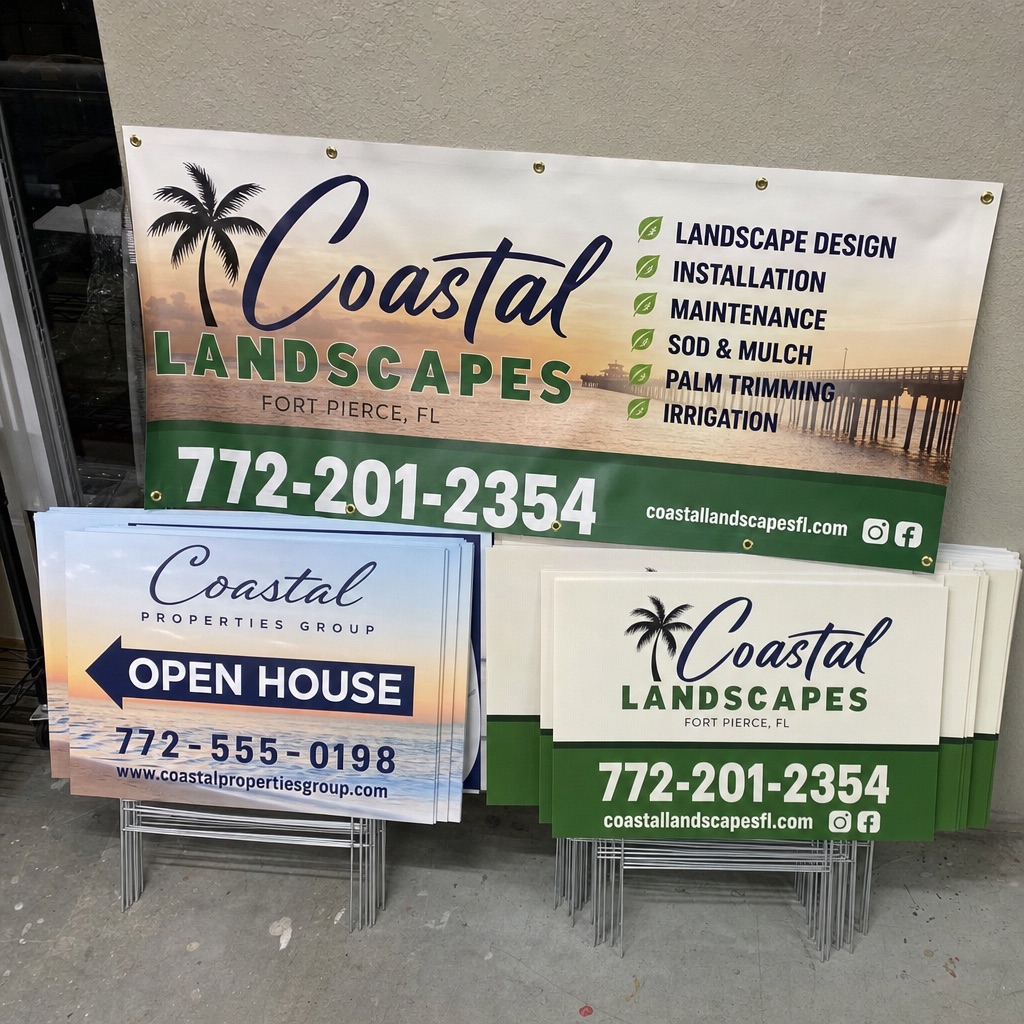 Finished yard signs and vinyl banner ready for delivery