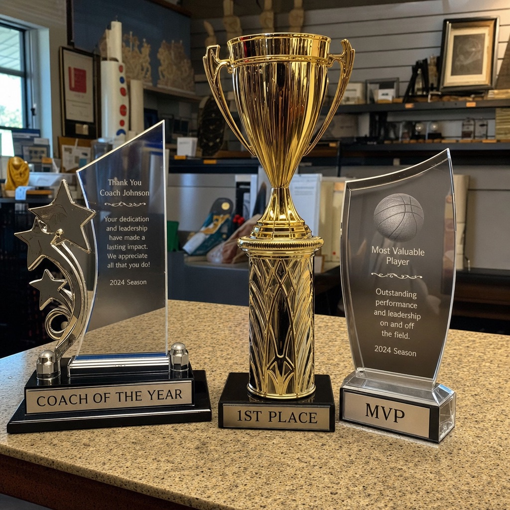 Personalized trophies and awards lined up for a local league
